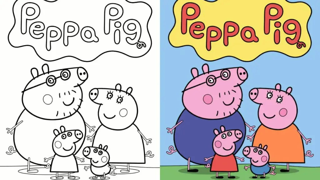 Peppa Pig family coloring page, black-and-white and colored side by side