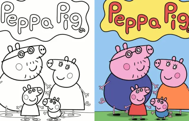 Peppa Pig family coloring page, black-and-white and colored side by side