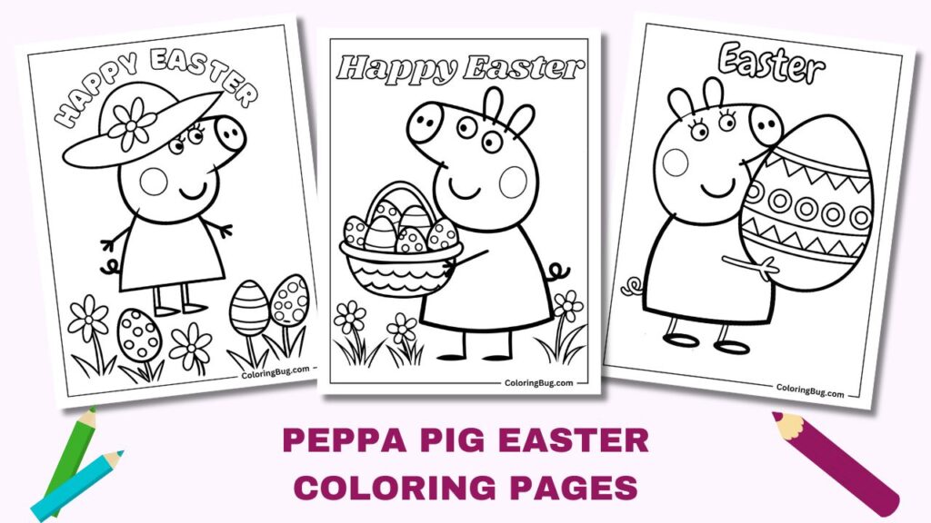 Three Easter coloring pages with cartoon pigs and eggs
