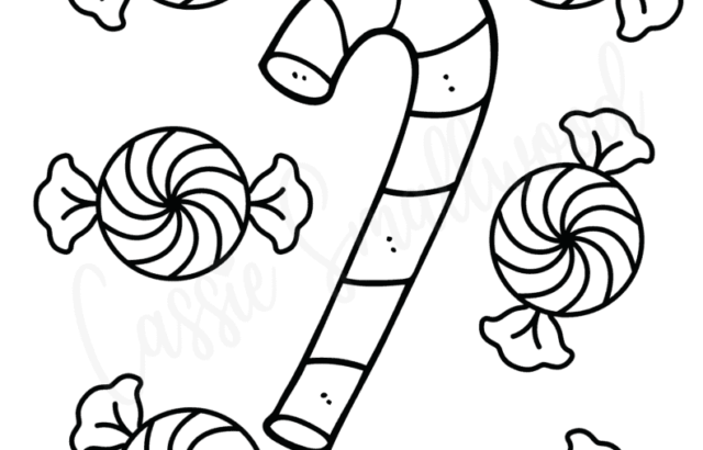 Candy cane with six wrapped candies coloring page