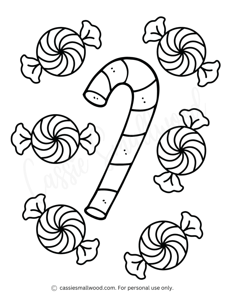 Candy cane with six wrapped candies coloring page