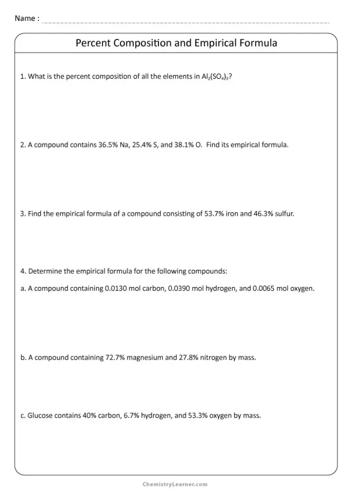 Chemistry worksheet titled Percent Composition and Empirical Formula