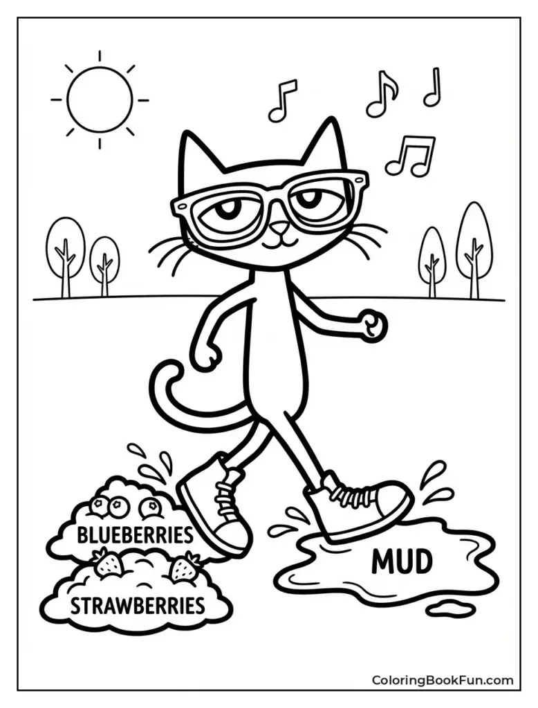 Cartoon cat wearing glasses walking past berries and mud