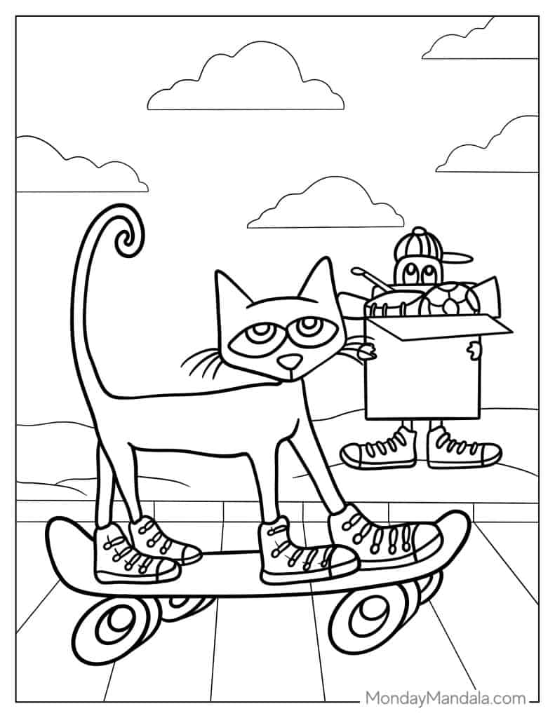 Cartoon cat on skateboard holding a skateboard box