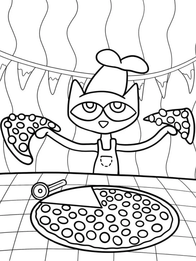 Cartoon cat holding two pepperoni pizza slices