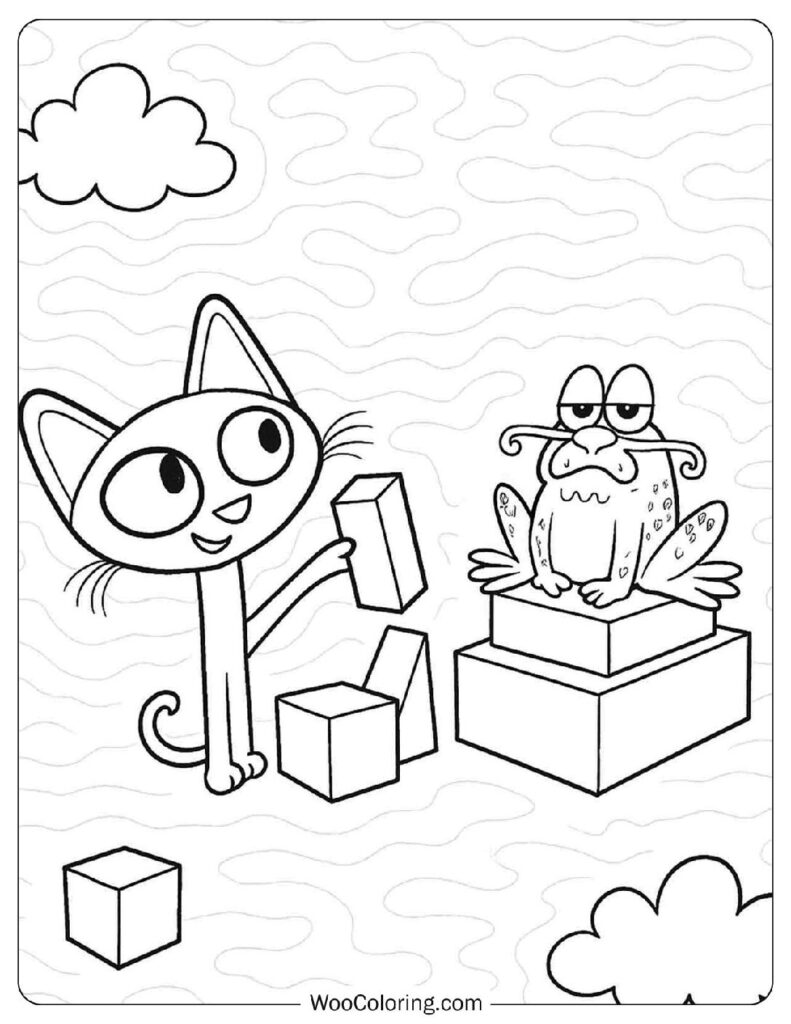 Cartoon cat holding a block beside a frog on boxes
