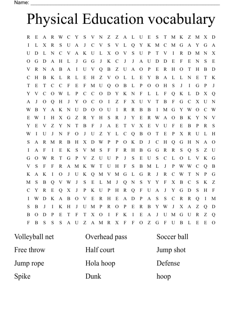 Physical education vocabulary word search worksheet