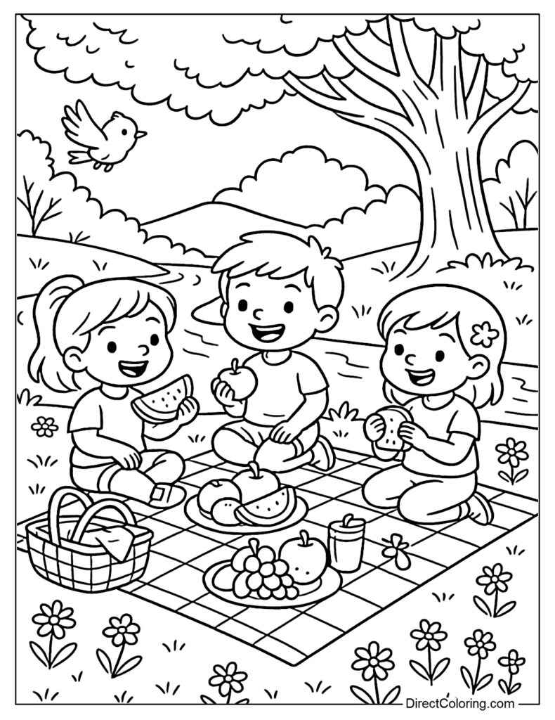 Children having a picnic on a blanket outdoors