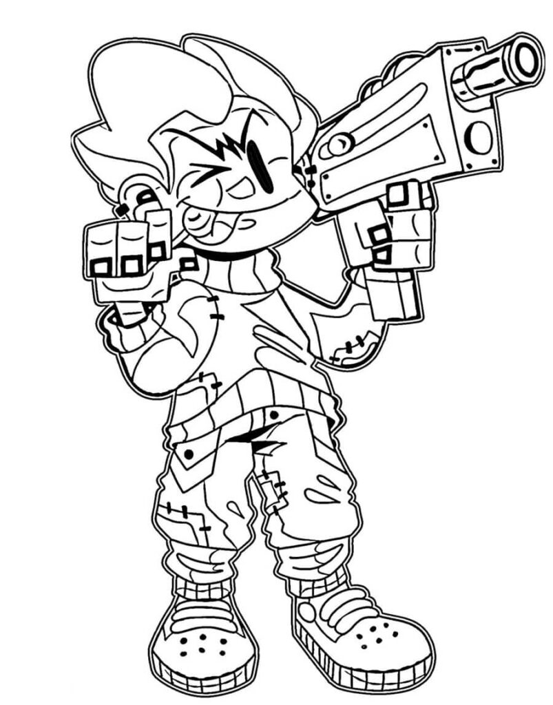 Cartoon boy holding a gun, black-and-white line art