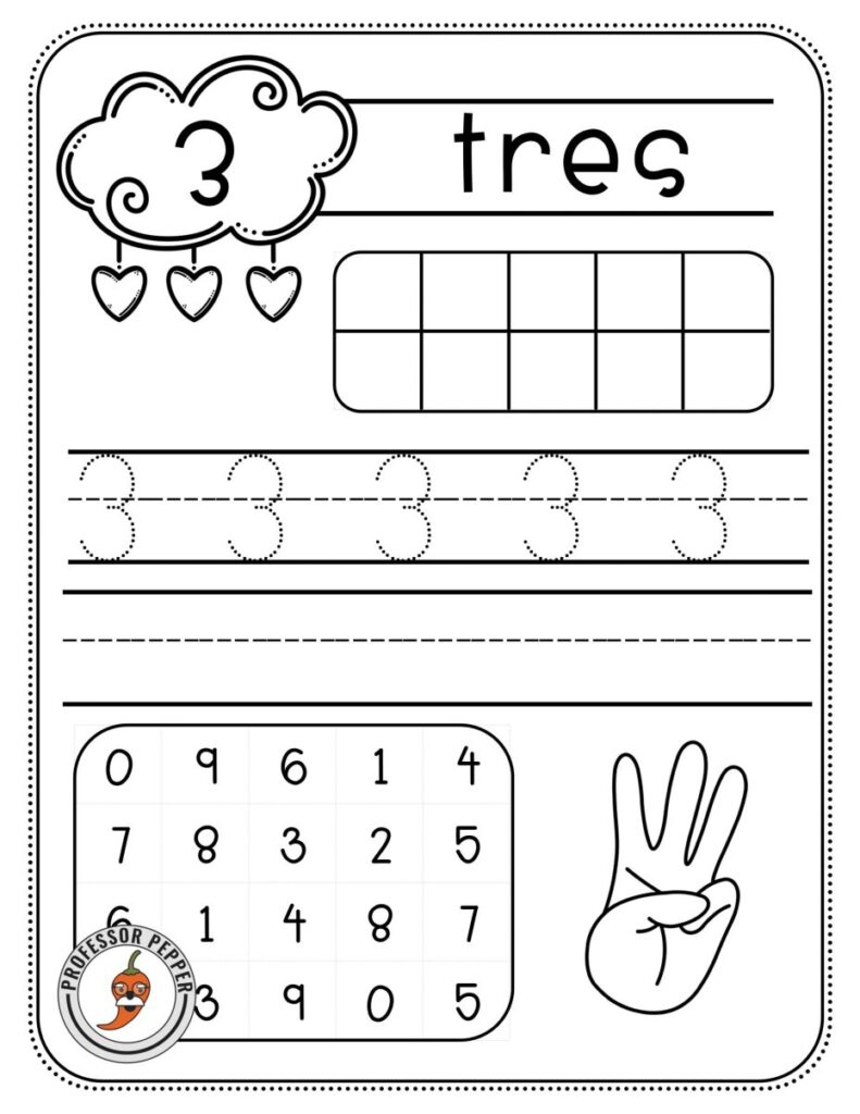 Spanish number worksheet with three and counting visuals