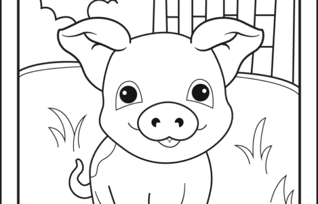 Cartoon pig standing in a fenced yard, line drawing