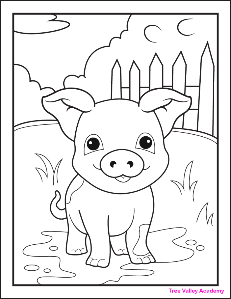 Cartoon pig standing in a fenced yard, line drawing