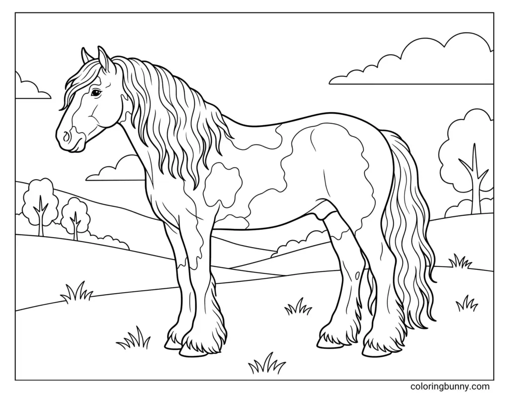 Black-and-white horse coloring page in a pastoral landscape