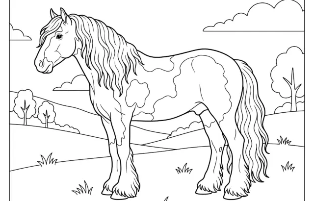 Black-and-white horse coloring page in a pastoral landscape