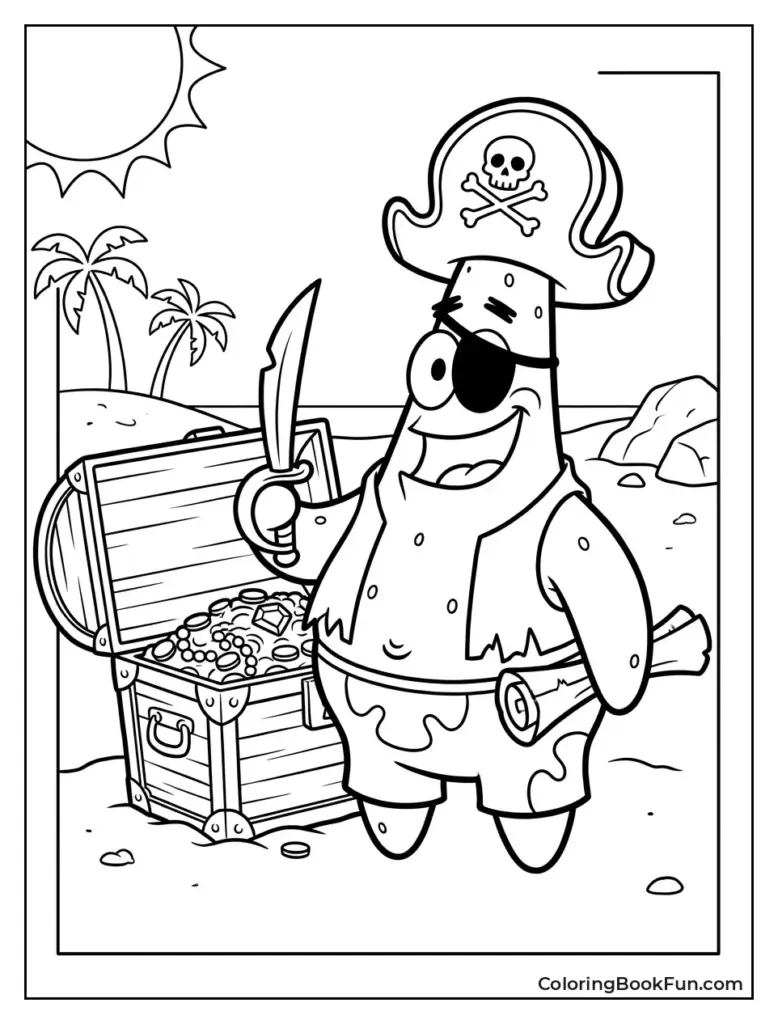 Pirate starfish standing by treasure chest on beach