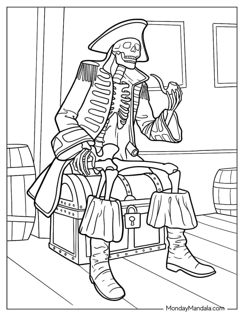 Skeleton pirate sitting on treasure chest