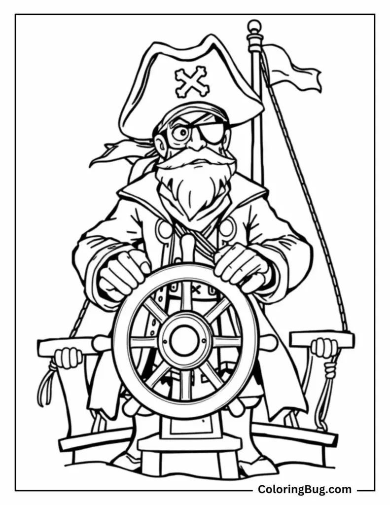 Black-and-white pirate steering ship wheel coloring page