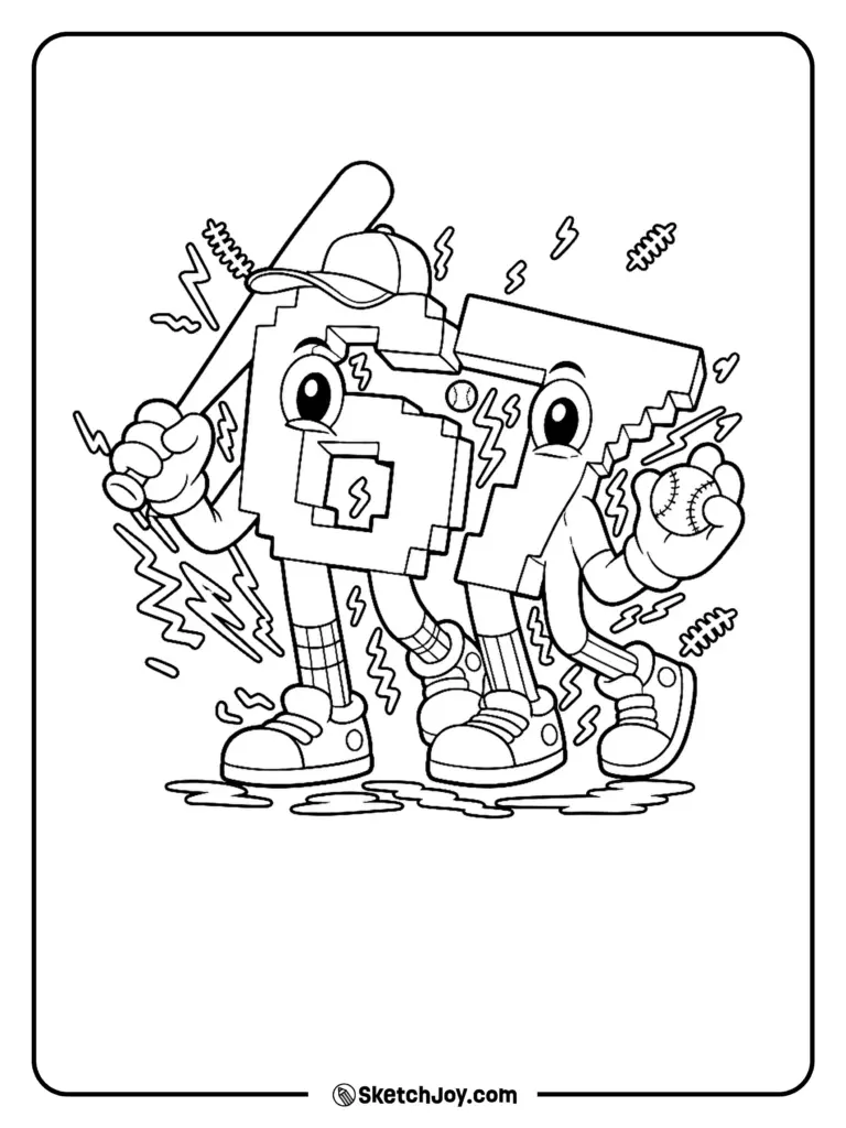 Cartoon baseball pitcher holding bat and ball, coloring page