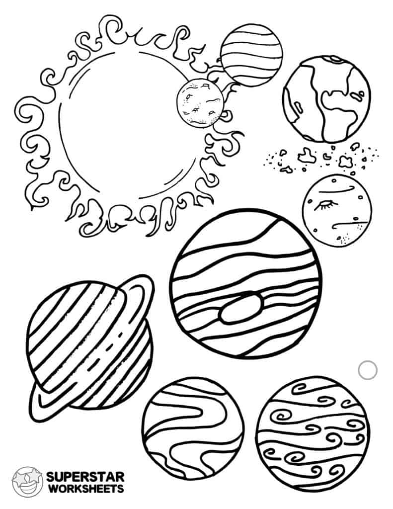 Black-and-white planet coloring worksheet with seven planets, sun, and logo