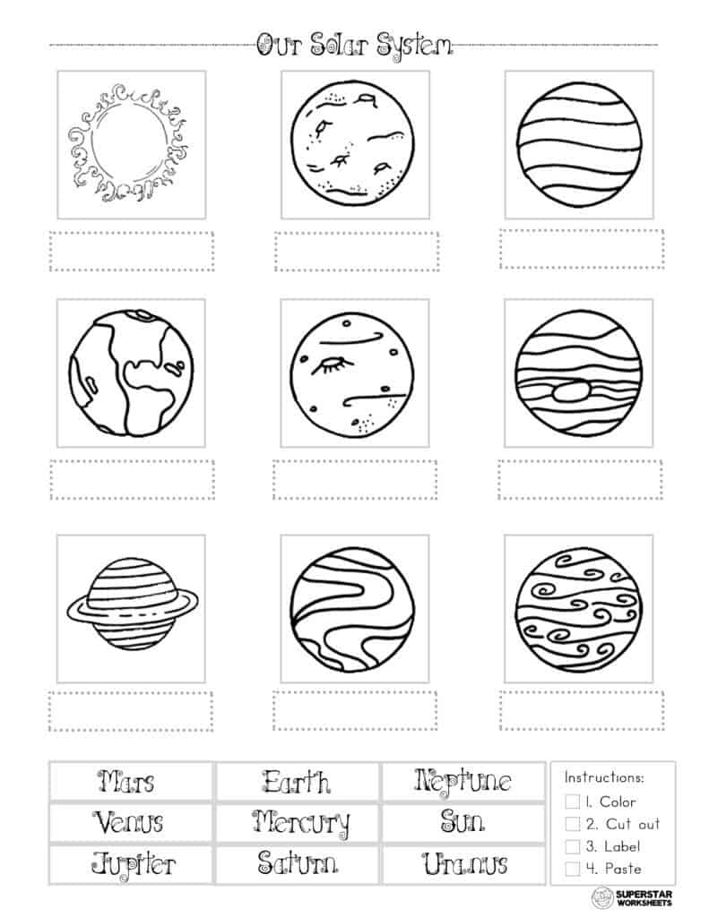 Solar system worksheet with nine planet drawings and labels