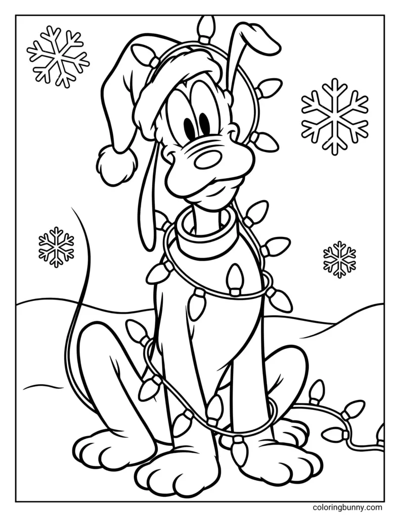 Goofy wearing Santa hat with Christmas lights and snowflakes