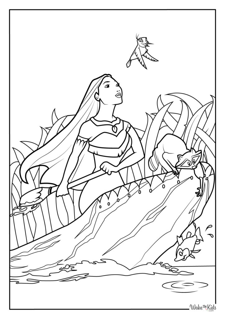 Line drawing of Pocahontas with animals by water