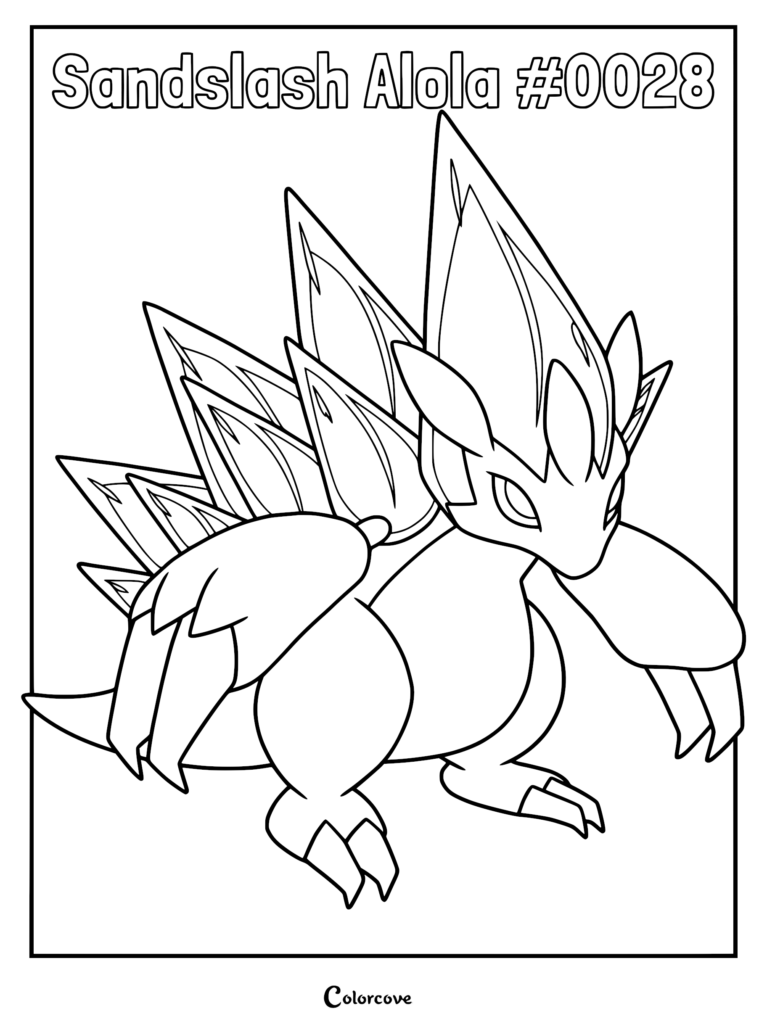 Black-and-white Sandslash Alola coloring page with title text
