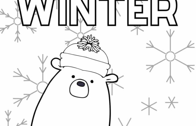 Happy winter text above cartoon bear with hat