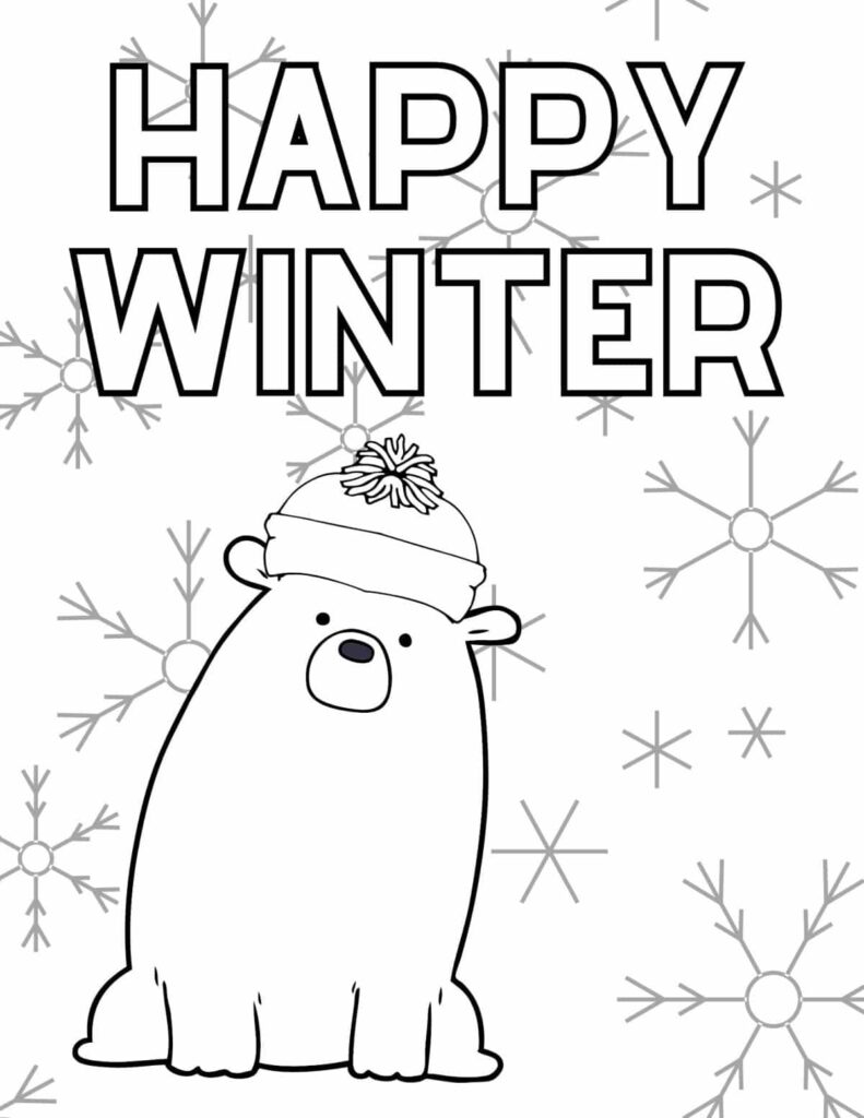Happy winter text above cartoon bear with hat