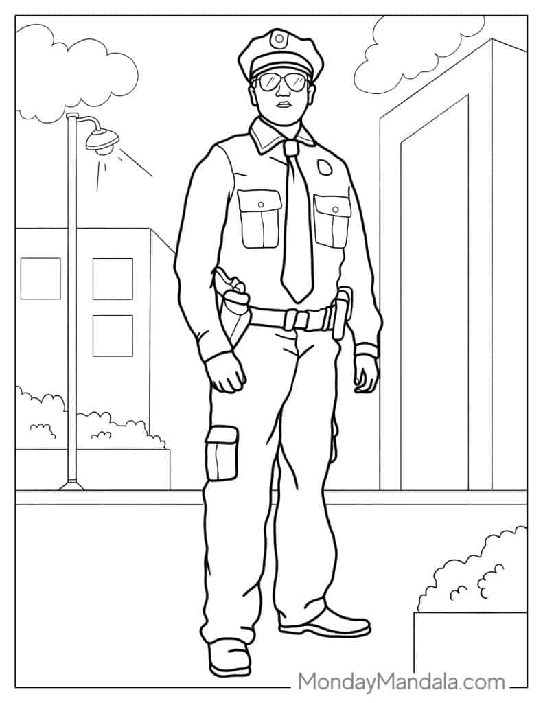 Line drawing of a standing police officer in city