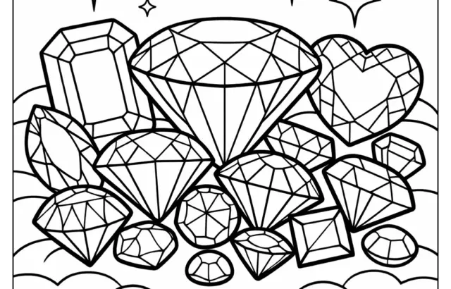 Black-and-white gem coloring page with sparkles