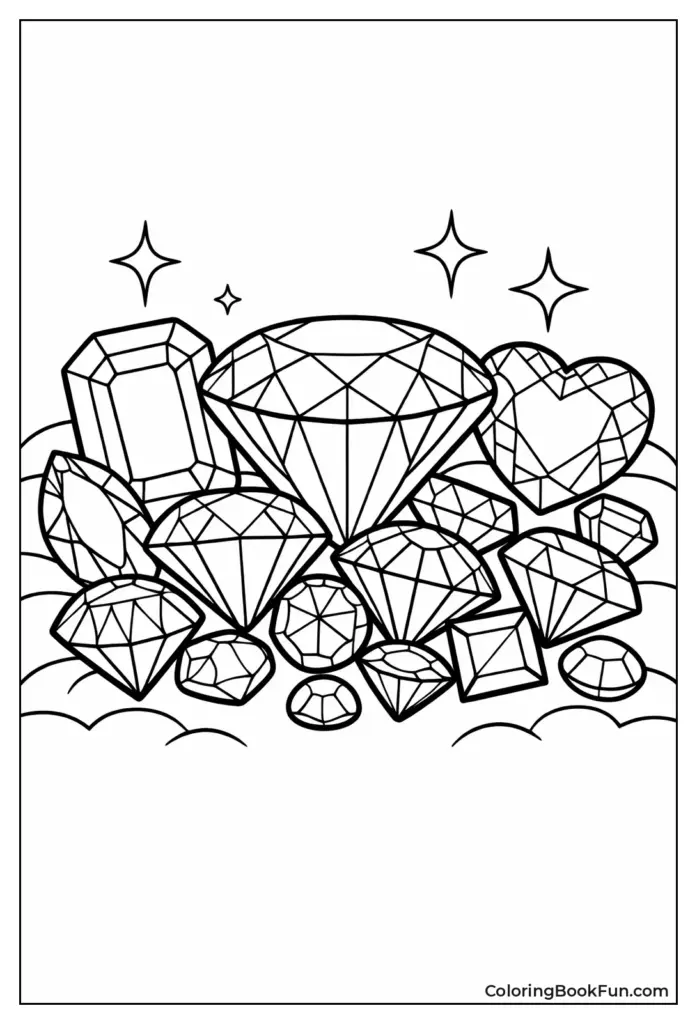 Black-and-white gem coloring page with sparkles
