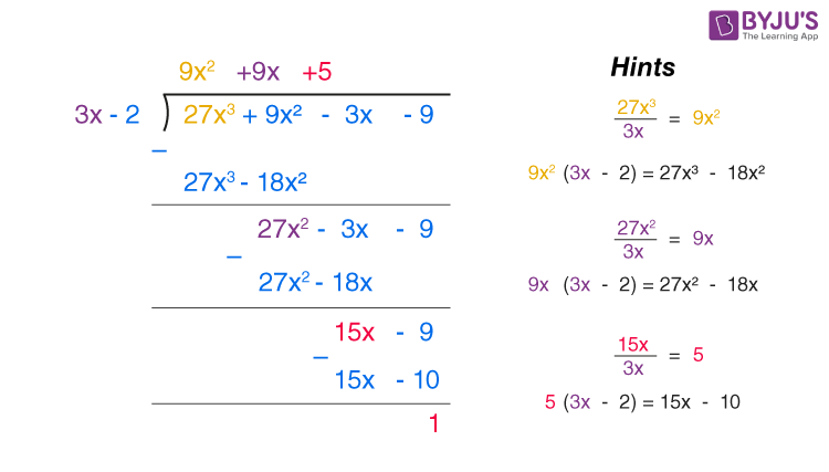 Polynomial long division example with hints panel