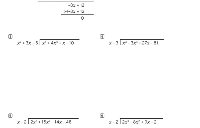 Math worksheet titled long divisions with polynomials, six problems