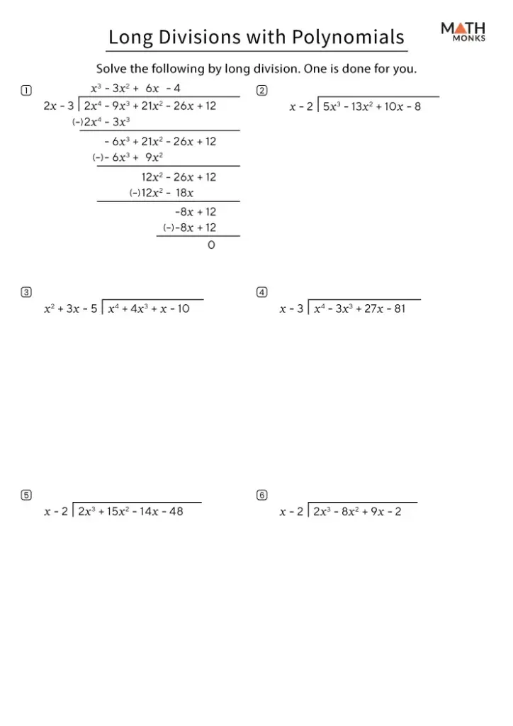 Math worksheet titled long divisions with polynomials, six problems