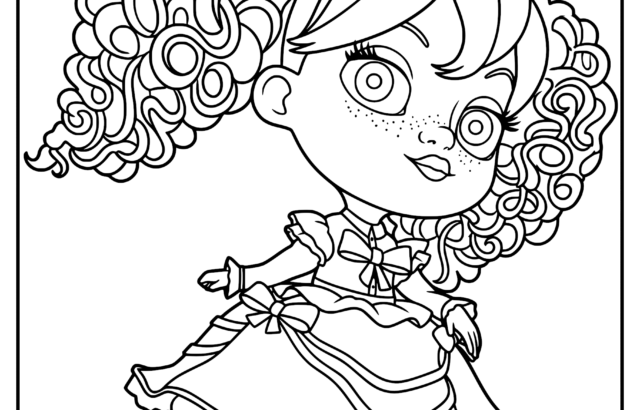 Black-and-white cartoon girl with curly hair and dress