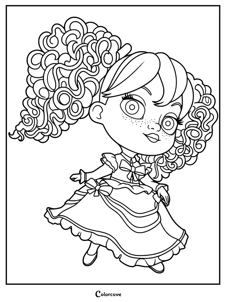 Black-and-white cartoon girl with curly hair and dress