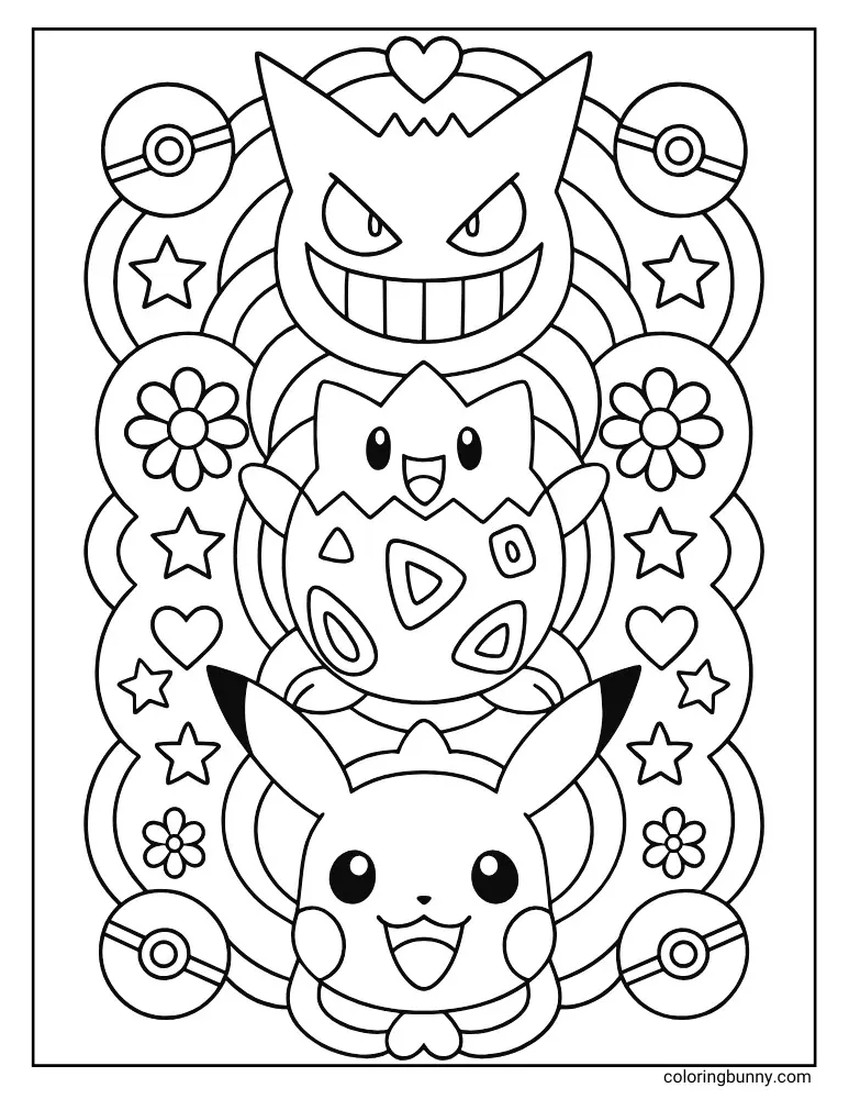 Three Pokemon characters in a decorative coloring page