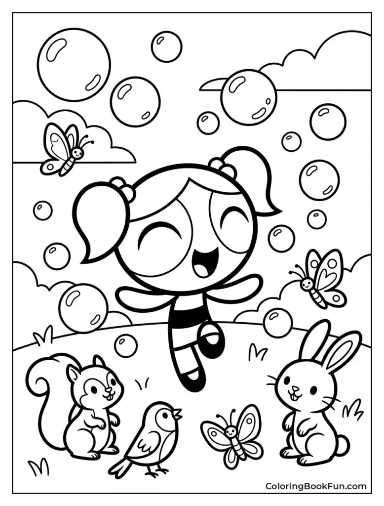 Cartoon girl floating with bubbles, animals, and butterflies