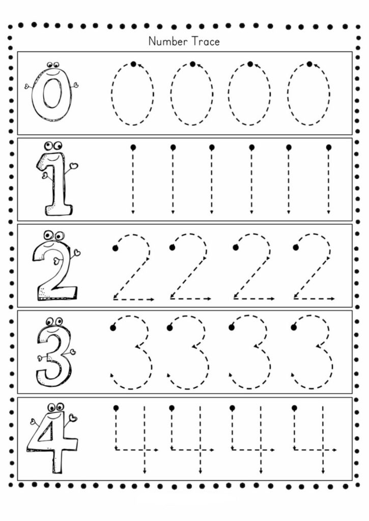 Children’s number trace worksheet with digits 0 to 4