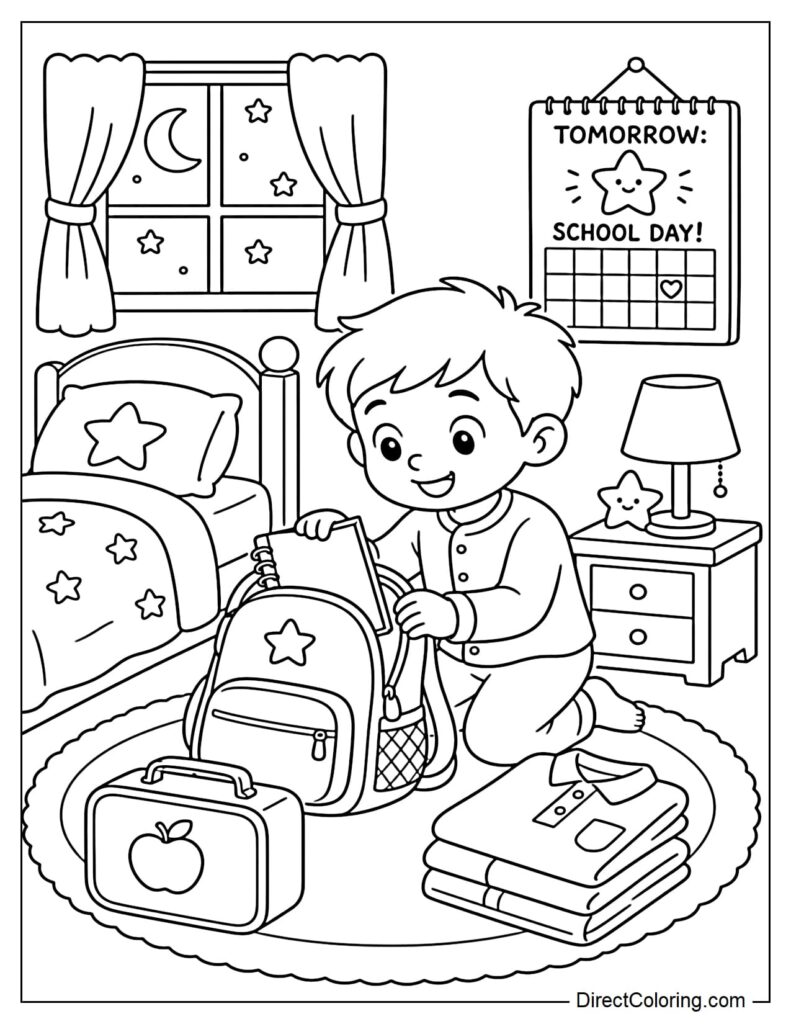 Coloring page of boy packing school bag in bedroom