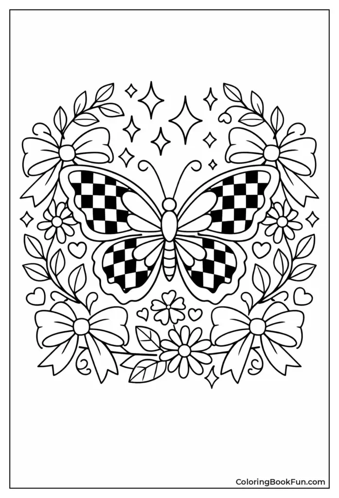Butterfly with checkerboard wings surrounded by bows and flowers