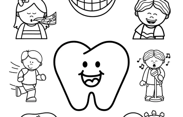 Dental health worksheet with cartoon children and tooth
