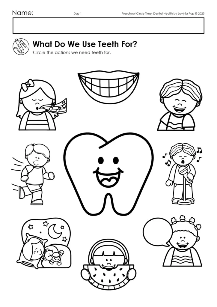 Dental health worksheet with cartoon children and tooth