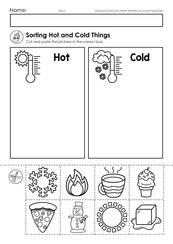 Hot and cold sorting worksheet with icons