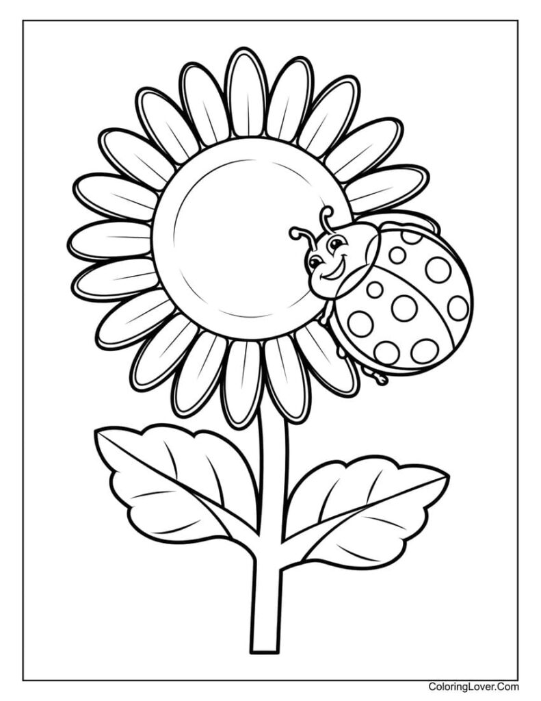 Black-and-white sunflower coloring page with ladybug