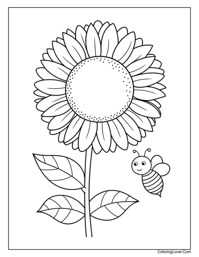 Sunflower coloring page with a bee