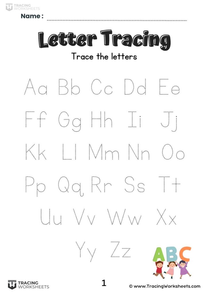 Alphabet tracing worksheet with dotted letters and ABC graphic