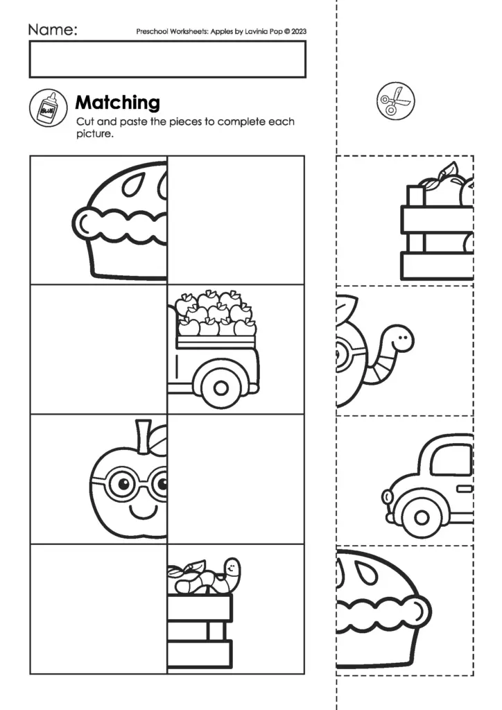 Preschool apple matching cut-and-paste worksheet page