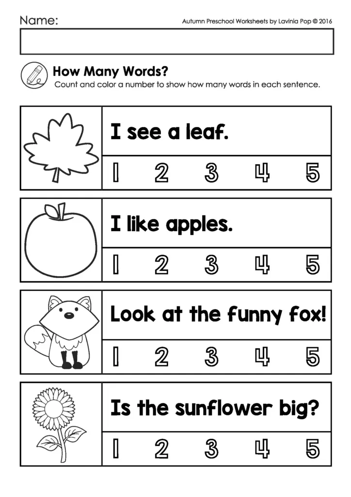 Autumn preschool worksheet with word-count sentences and pictures